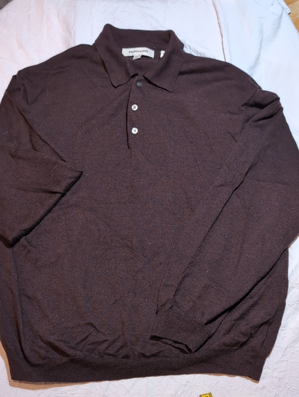 Mens XL Wool Sweater Pronto Uomo Dark Brown Long-Sleeve Polo Sweater